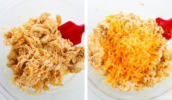 in-process images of how to make buffalo chicken stuffed peppers