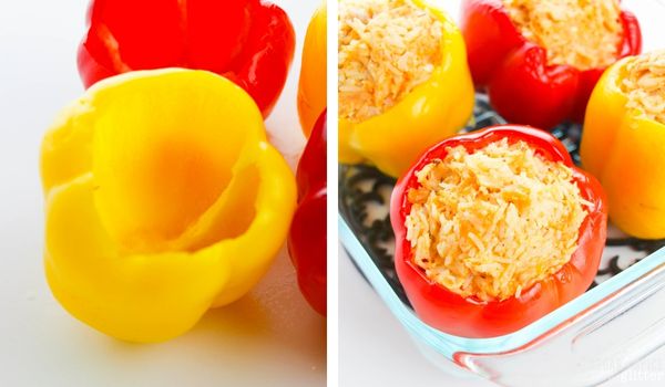 in-process images of how to make buffalo chicken stuffed peppers