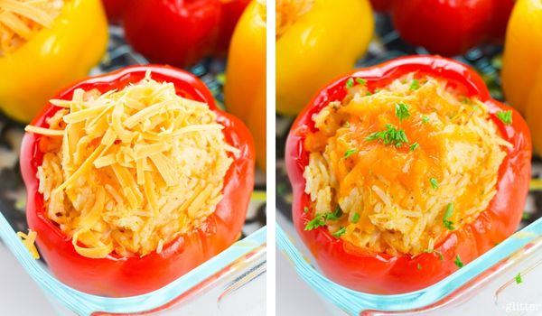 in-process images of how to make buffalo chicken stuffed peppers