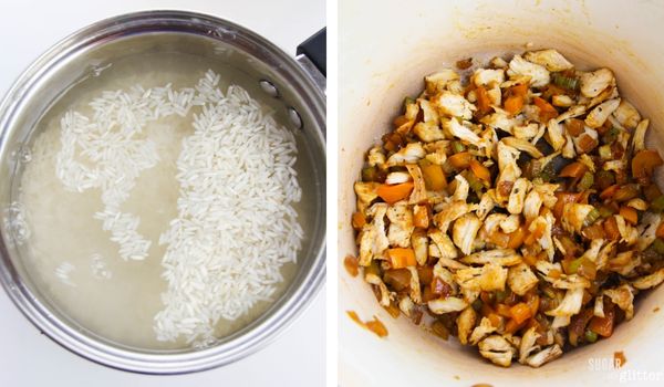 in-process images of how to make Cajun chicken and rice soup