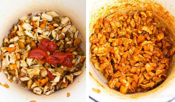 in-process images of how to make Cajun chicken and rice soup