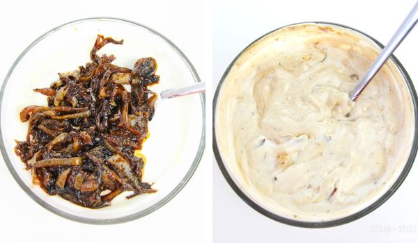 in-process images of how to make french onion dip