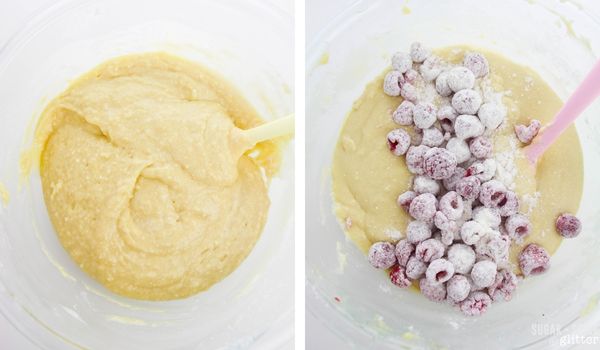 in-process images of how to make lemon raspberry loaf cake