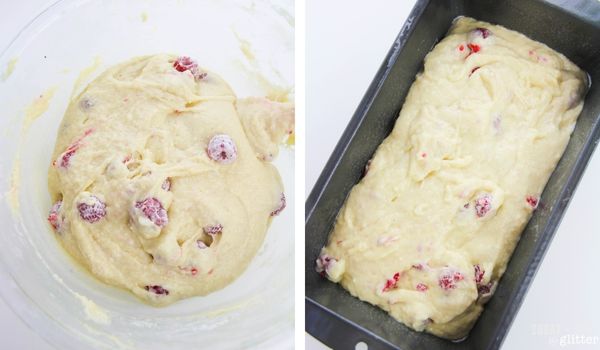 in-process images of how to make lemon raspberry loaf cake