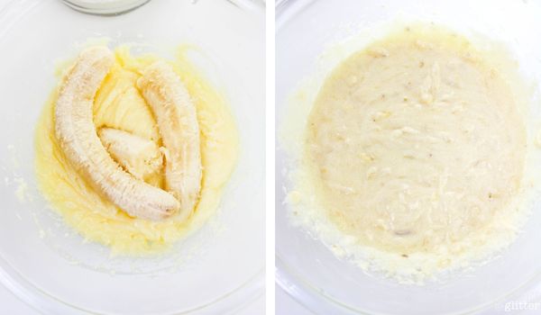in-process images showing how to make snickerdoodle banana bread