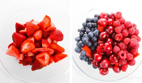 2 photo collage of strawberries in a bowl and a bowl of berries.