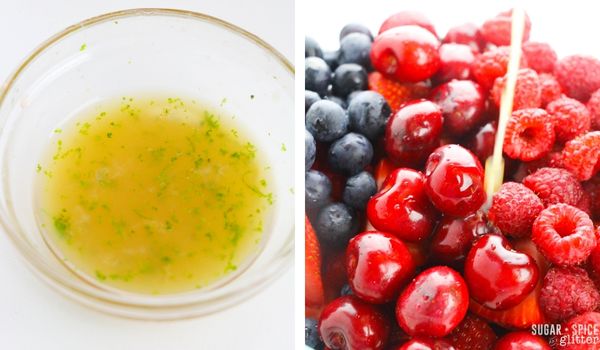 citrus dressing in bowl and pouring on berries.