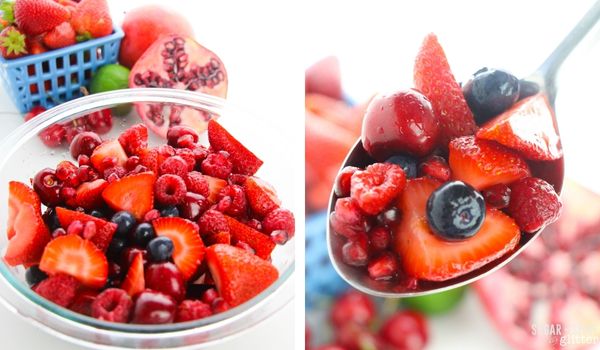2 photo collage of berry fruit salad in bowl and on spoon.