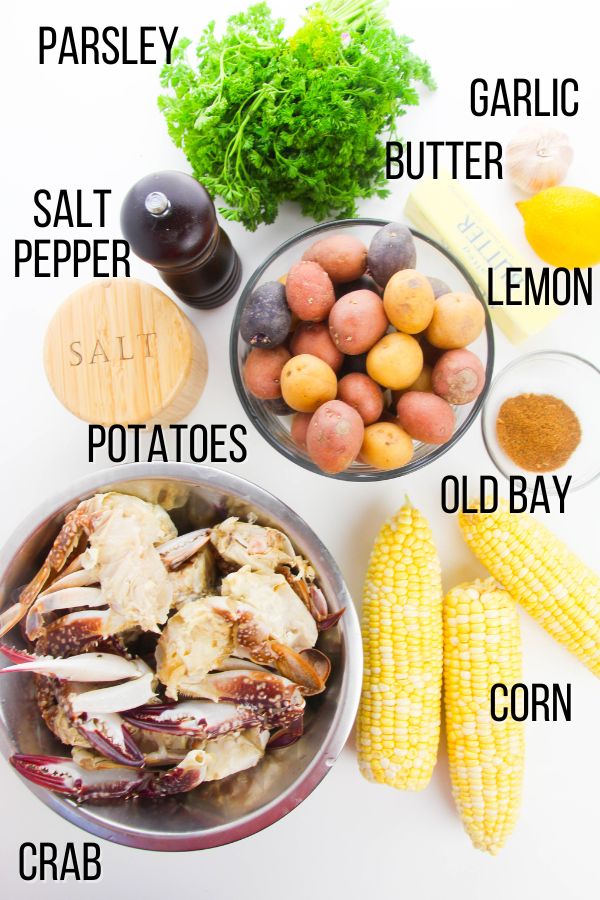 labeled ingredient image showing what is needed to make a crab boil