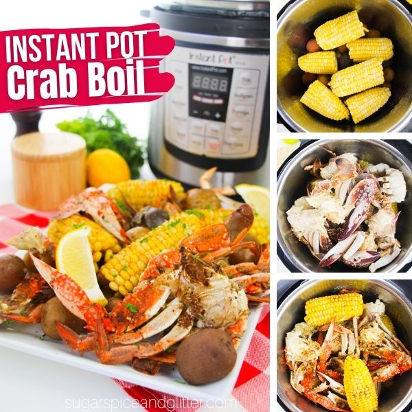 composite image of a white platter holding a crab boil in front of an instant pot, along with three in-process images showing how to make the recipe in the instant pot