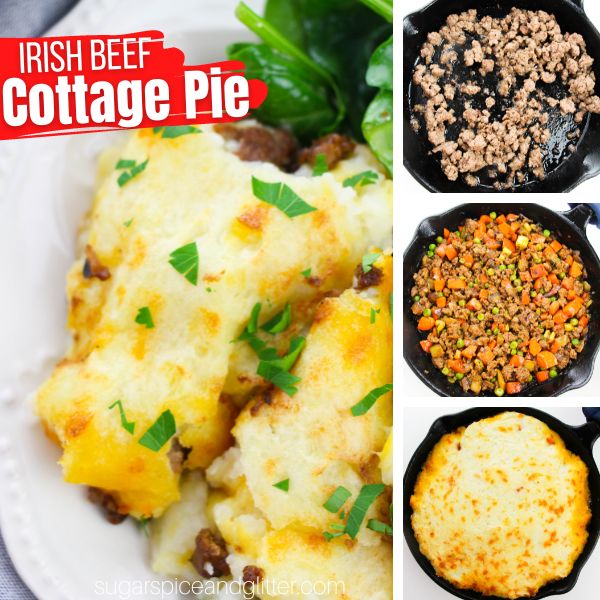 composite image of a plate with a serving of cottage pie along with three images showing how to make it in a cast-iron skillet