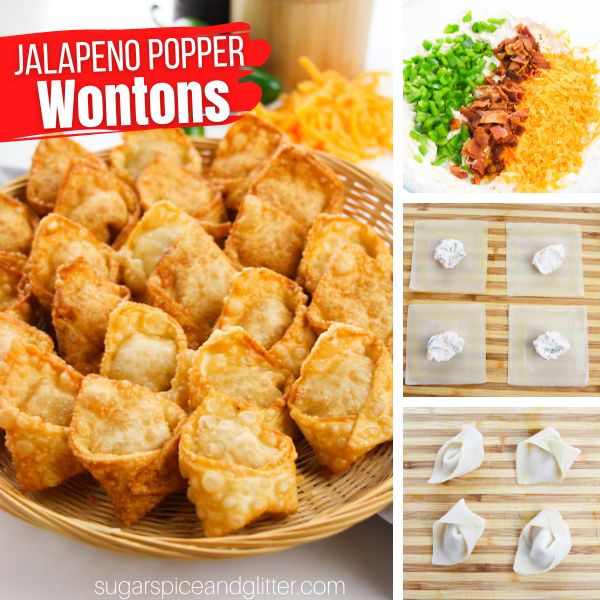 composite image showing a backet of fried jalapeno popper wontons along with three pictures of the process to make them