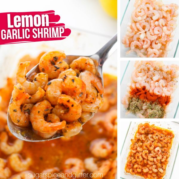composite image of a spoon full of baked lemon garlic shrimp along with three in-process images showing how to make it