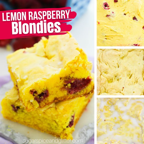 composite image of a stack of lemon raspberry blondies along with three images showing the process of baking and glazing the blondies