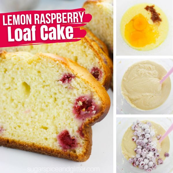 composite image showing a close-up of a slice of lemon raspberry loaf cake along with three in-process images of how to make it