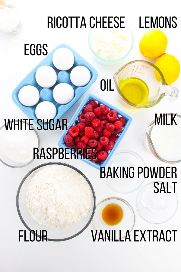 ingredients needed to make lemon raspberry loaf cake