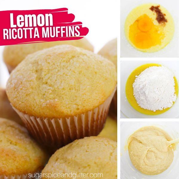 composite image of a close-up of a lemon ricotta muffin plus 3 in-process images of how to make them