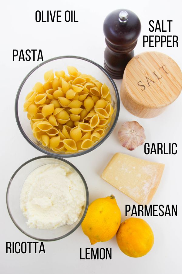 labeled ingredient image showing what is needed to make lemon ricotta pasta