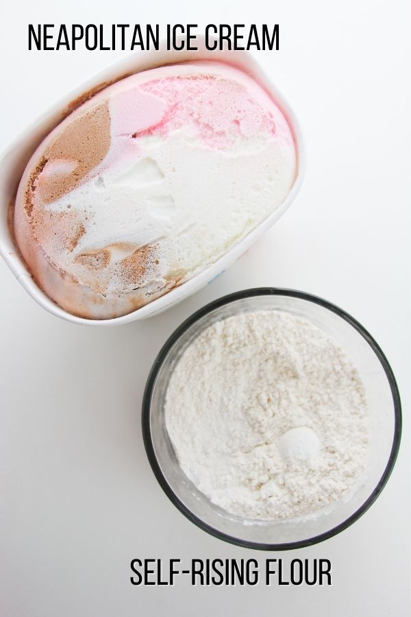 labeled ingredient image showing what is needed to make Neapolitan Ice Cream Bread