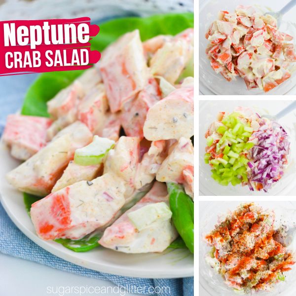 composite image of creamy, cold crab salad on a bed of lettuce on a white plate set on top of a blue napkin along with three in-process images of how to make the crab salad