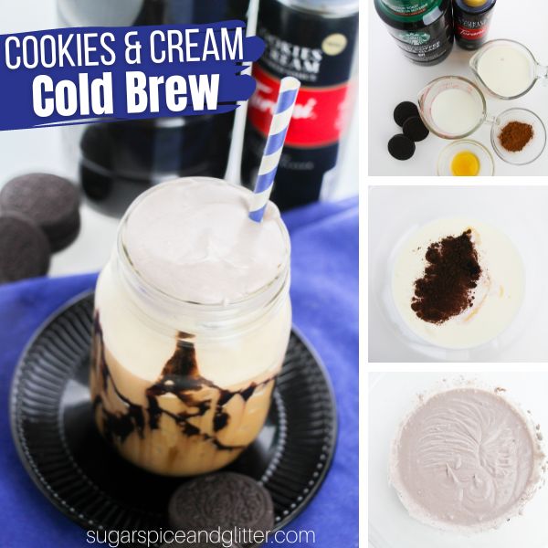 composite image of a cookies and cream cold brew coffee along with a picture of the ingredients needed to make them plus two images showing how to make mocha cold foam