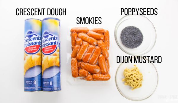 labeled ingredient image showing ingredients to make piggies in a blanket
