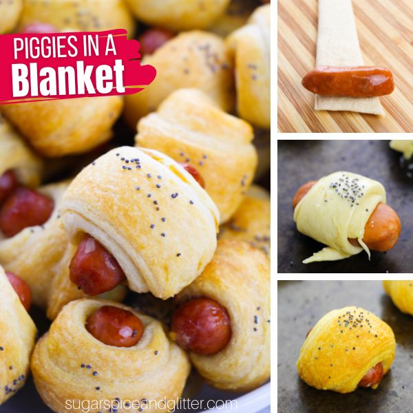 composite image of a piggies in a blanket along with images showing how to make it