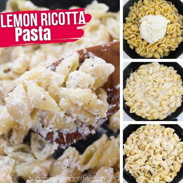 composite image of a wooden spoon holding a scoop of lemon ricotta pasta along with three images showing how to make the recipe
