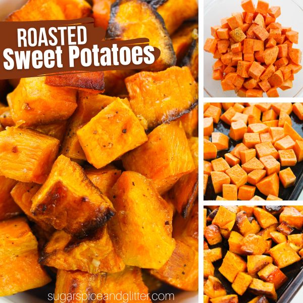 composite image of a close-up of roasted sweet potatoes plus three in-process images showing how to make them