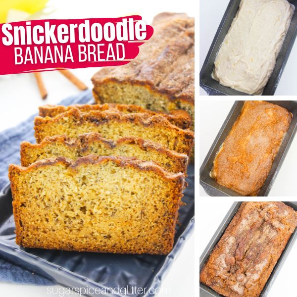 composite image of sliced snickerdoodle banana bread on a navy blue platter along with three images showing how to make the recipe