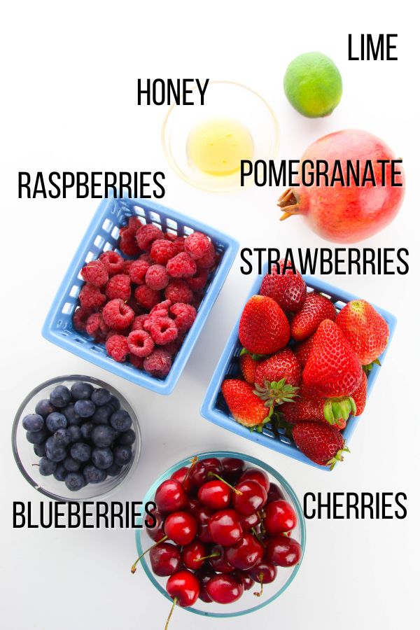 berry fruit salad ingredients, with text labels.