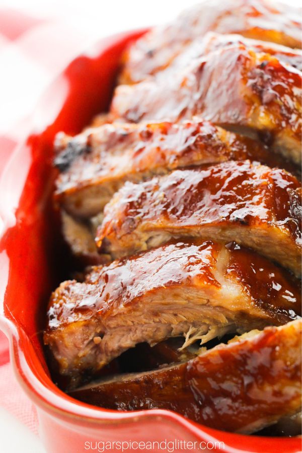 huli huli ribs in a red casserole dish