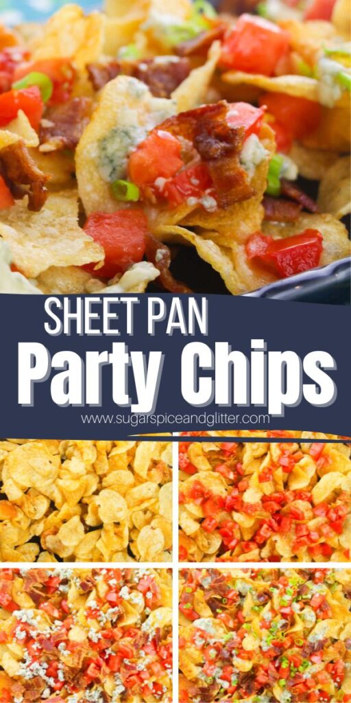 A delicious alternative to homemade nachos, today's Sheet Pan Party Chips features kettle chips, blue cheese, tomatoes, bacon and green onions for a flavorful party recipe everyone is going to love!