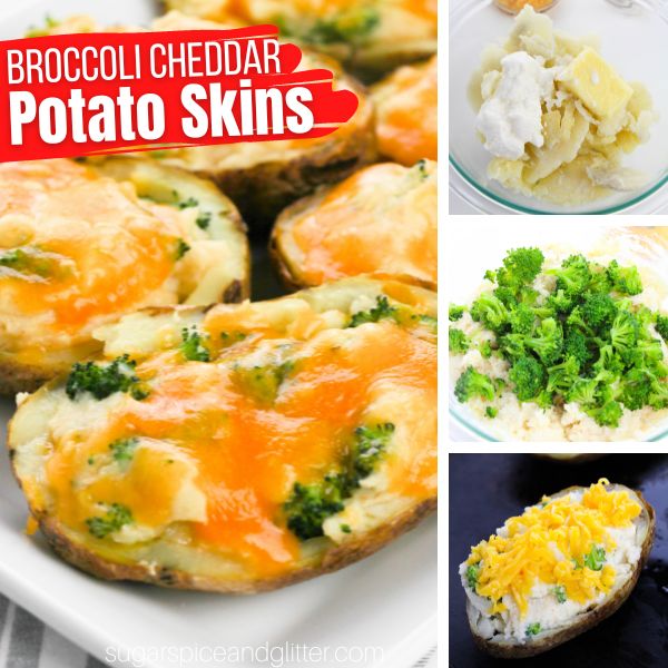 composite image of broccoli cheddar potato skins on a white plate along with three in-process images of how to make them