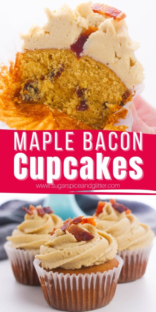 Decadent Maple Bacon Cupcakes with candied bacon, silky brown sugar frosting and a rich maple brown sugar cake base are the perfect sweet and salty treat for the true bacon lover in your life!