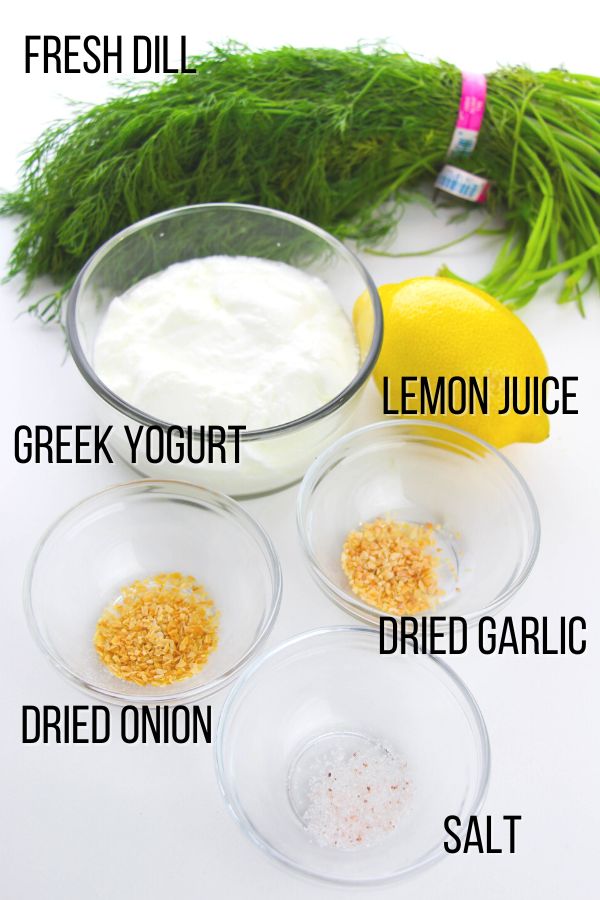 labeled ingredient image showing what is needed to make dill dip