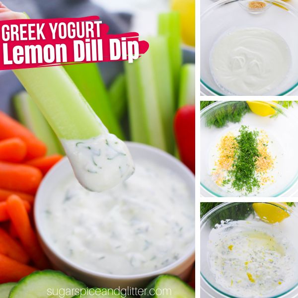 composite image of a celery stick dipped in dill dip, along with three images showing how to make the dill dip recipe
