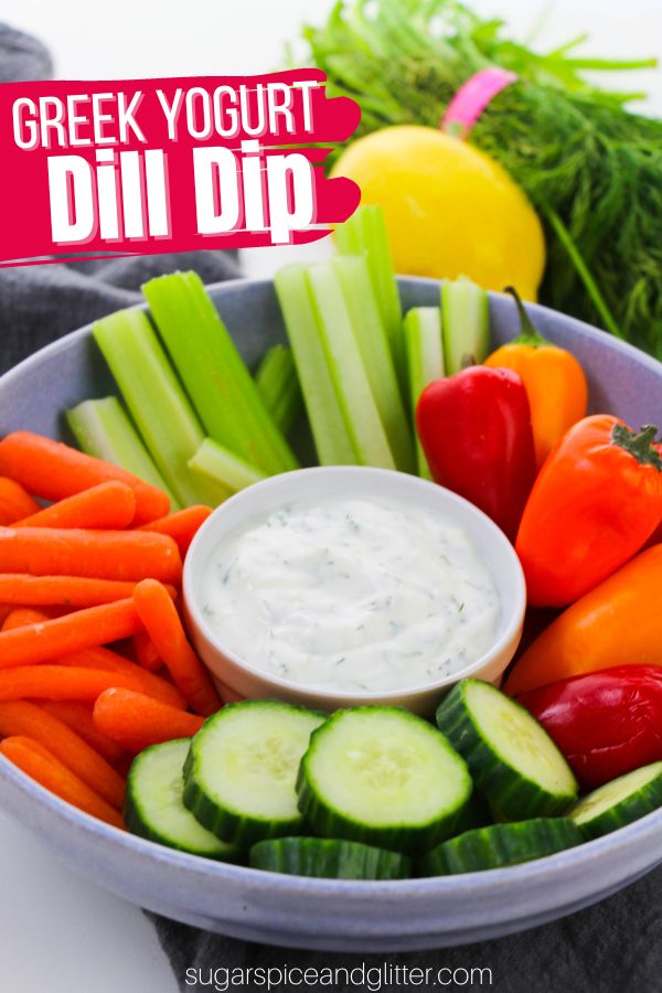 Healthy dill veggie dip is light and fresh, using Greek yogurt for a creamy base with a light tang, fresh dill adds a zippy, somewhat citrusy note, which is rounded out by the savoriness of garlic and onion flakes before finishing it off with fresh lemon juice and zest.