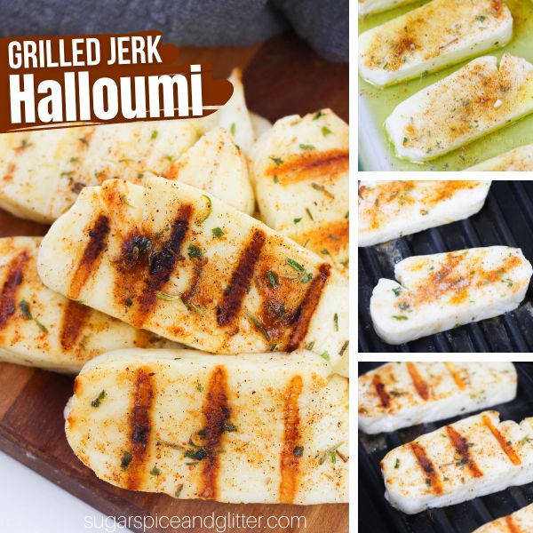 composite image showing a tray piled high with grilled halloumi cheese along with three in-process images of how to make it