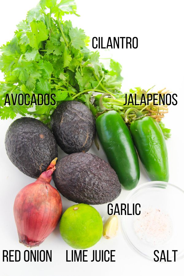 labeled ingredient image showing what is needed to make homemade guacamole