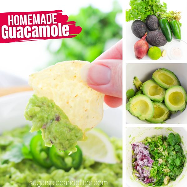 composite image of a tortilla chip dipped in homemade guacamole, along with three images showing how to make the recipe