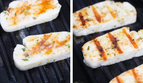 in-process images of how to make grilled halloumi cheese