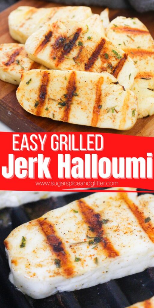 Crispy, charred grilled halloumi seasoned with jerk spices is the perfect appetizer for parties or a vegetarian protein in wraps, sandwiches or salads. This Grilled Jerk Halloumi Cheese hits all of your tastebuds with it's signature spicy, savory, salty, tangy and sweet flavor profile.
