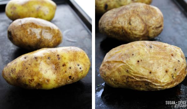 in-process images of how to make twice baked broccoli cheddar potatoes