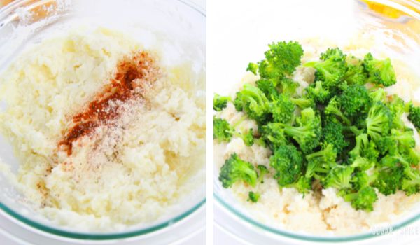 in-process images of how to make twice baked broccoli cheddar potatoes