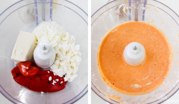 in-process images showing how to make roasted red pepper dip