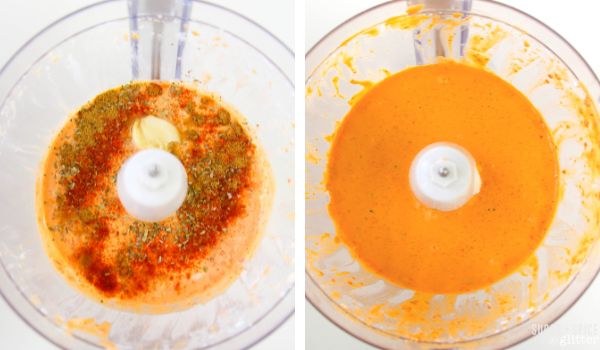 in-process images showing how to make roasted red pepper dip