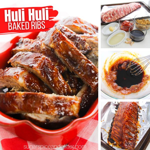 composite image showring huli huli ribs plus images showing how to make the recipe