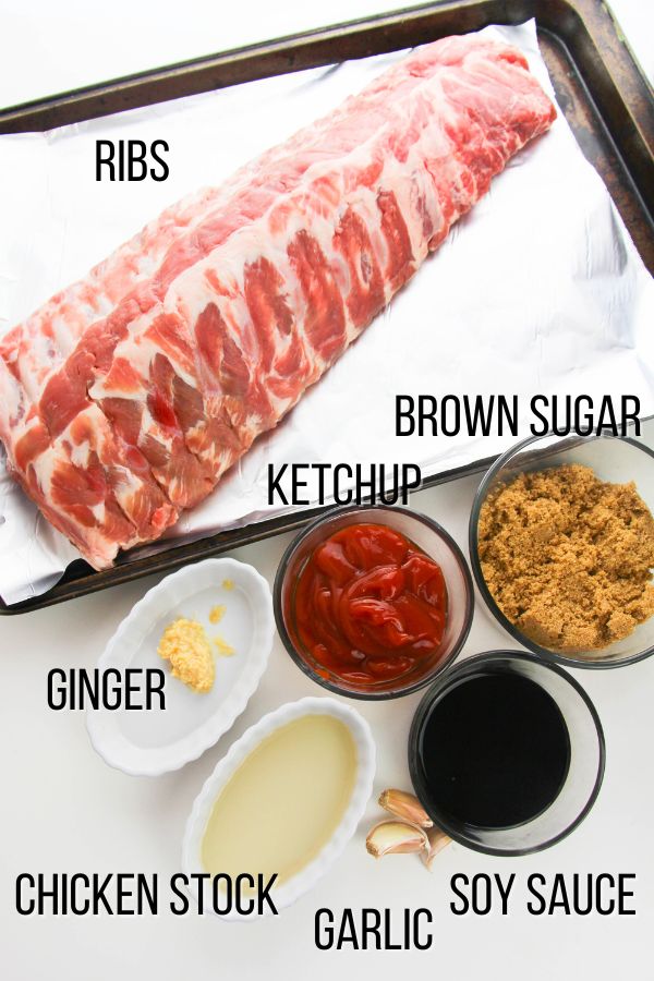 labeled ingredient image showing ingredients needed to make huli huli ribs