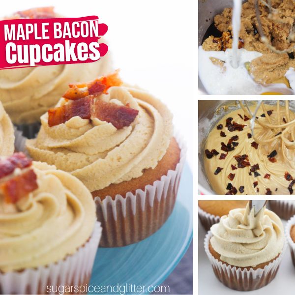 composite image of a close-up of a maple bacon cupcake on a blue cake pedestal along with three in-process images of how to make maple bacon cupcakes